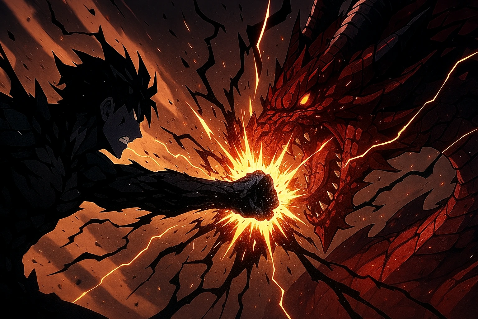 The Shadow Monarch fighting the Dragon King bare-handed after Kamish's Wrath shatters.