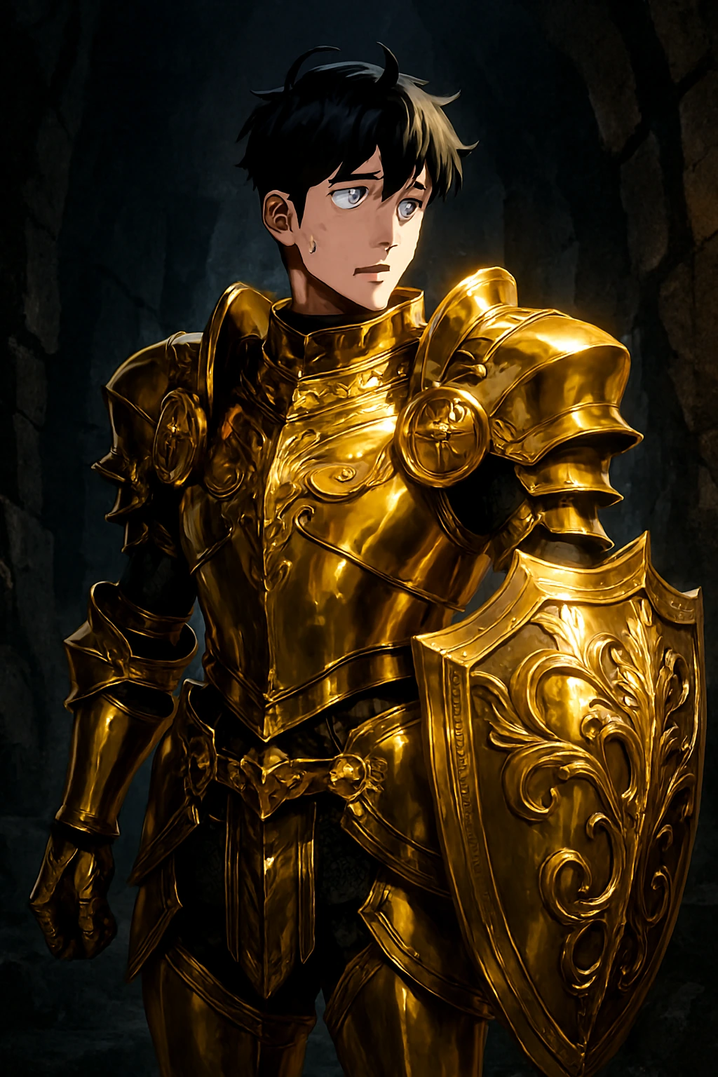 Billionaire slave Yoo Jinho wearing his absurdly expensive gold armor inside a dark dungeon.