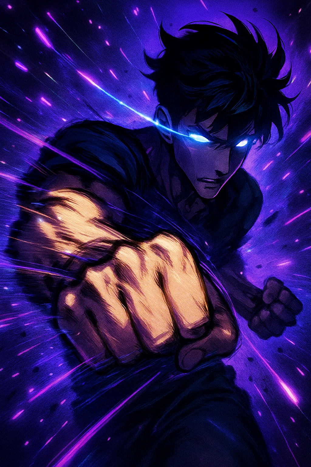 Solo Leveling art style glowing eyes and motion blur action effect.