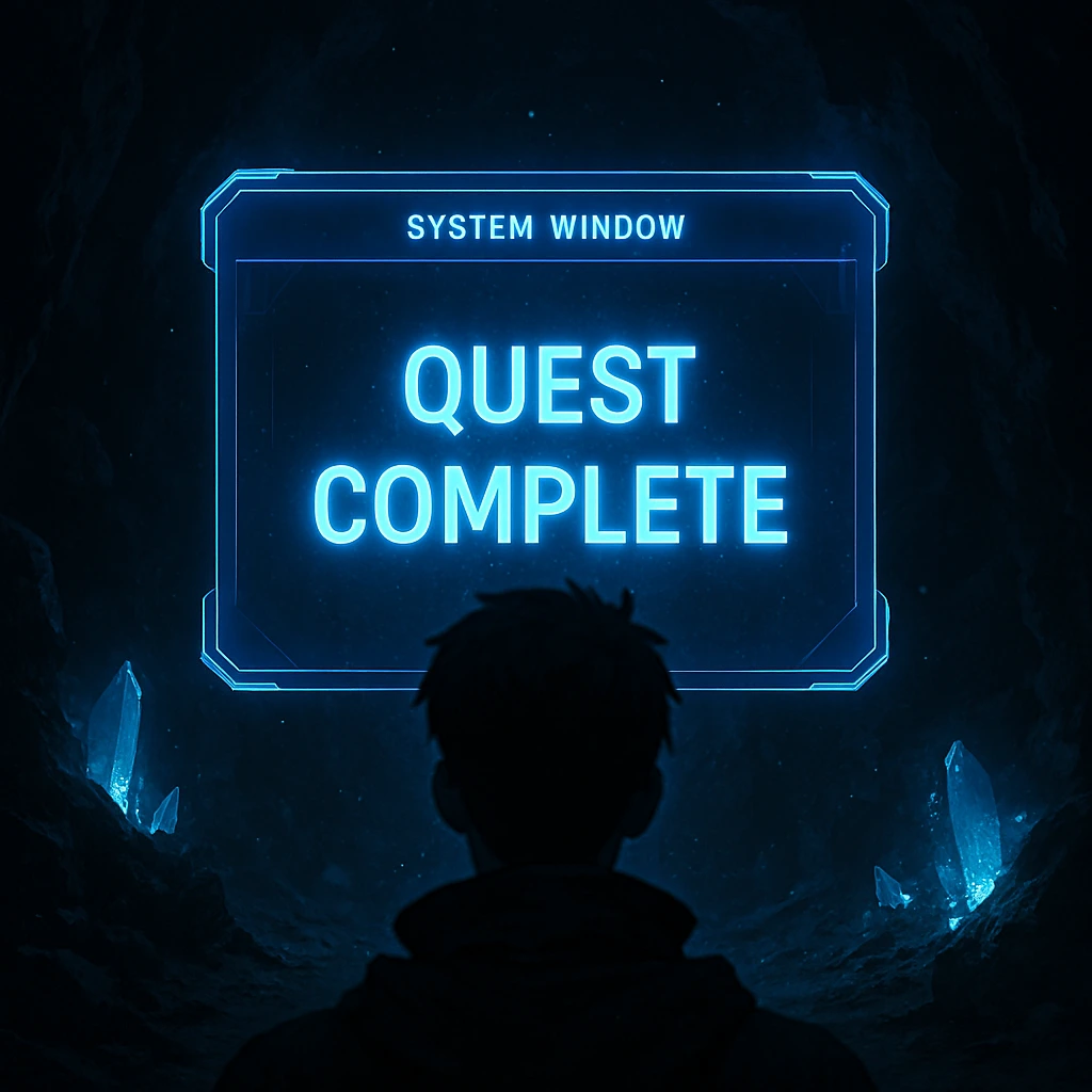 Solo Leveling system window interface floating in front of a hunter.