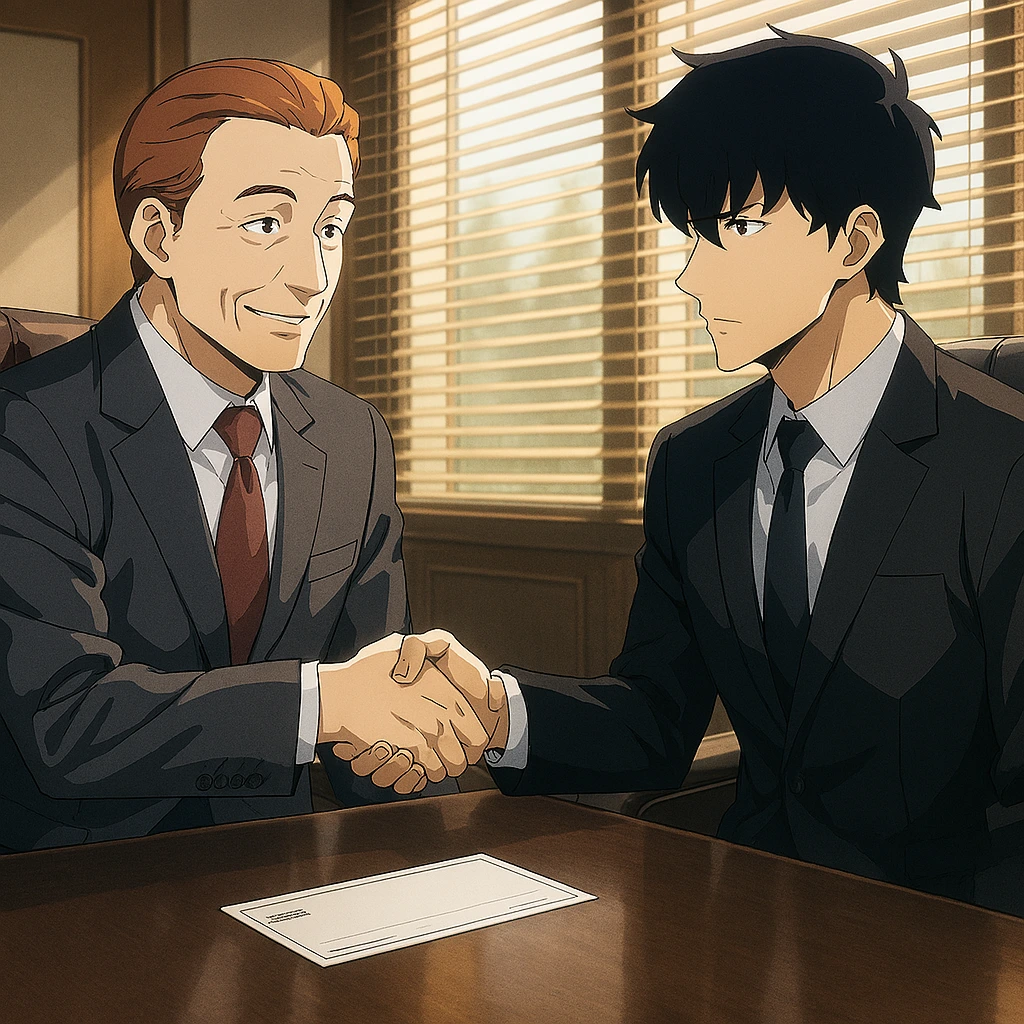 Choi Jong-In shaking hands with Jin-Woo offering a blank check