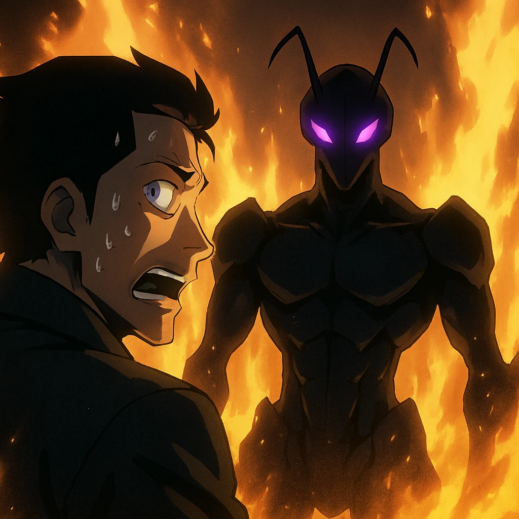 The Ultimate Soldier shocked as his fire fails against the Ant King