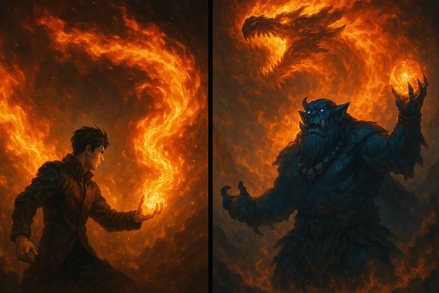 High Orc Tusk dwarfing the Ultimate Soldier with superior fire magic