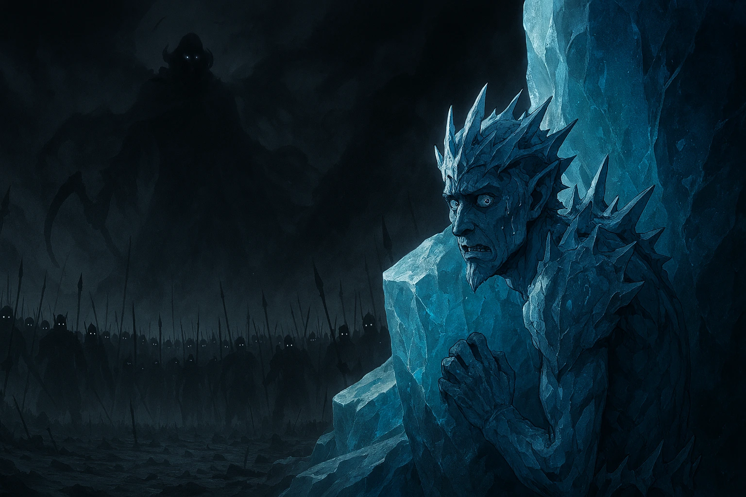The Frost Monarch hiding from Ashborn's shadow army during the ancient war.