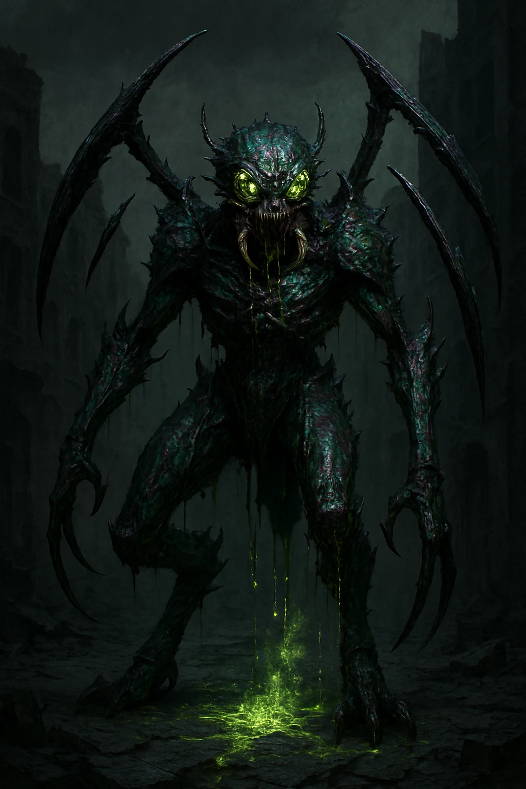 The horrifying true insectoid form of the Plague Monarch.