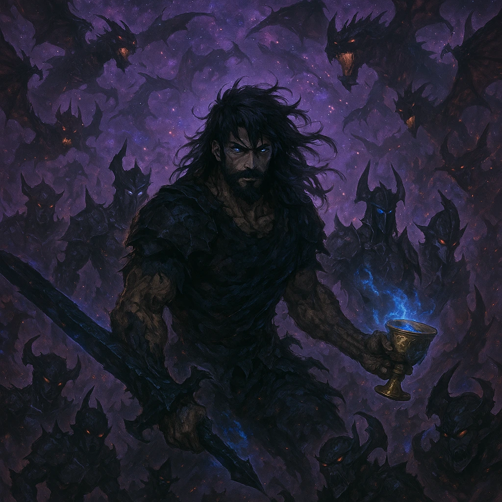 Bearded Sung Jin-Woo fighting in the dimensional gap with the Cup of Reincarnation.
