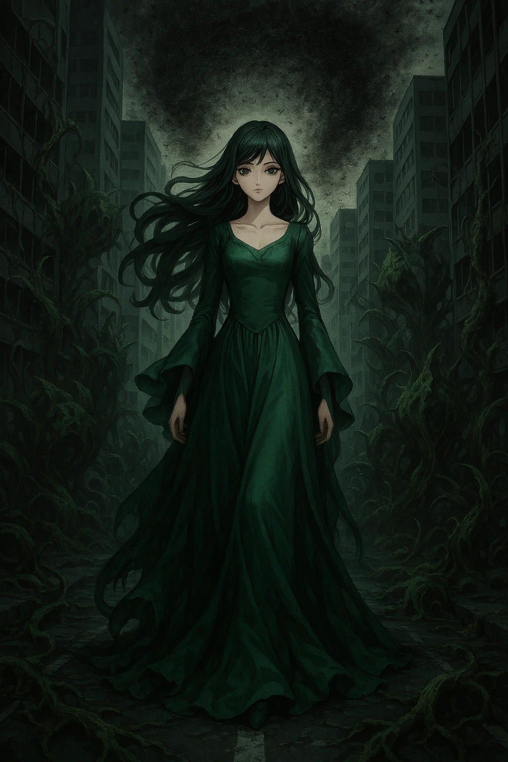 The Plague Monarch appearing as a beautiful woman in a green dress amidst a corrupted city