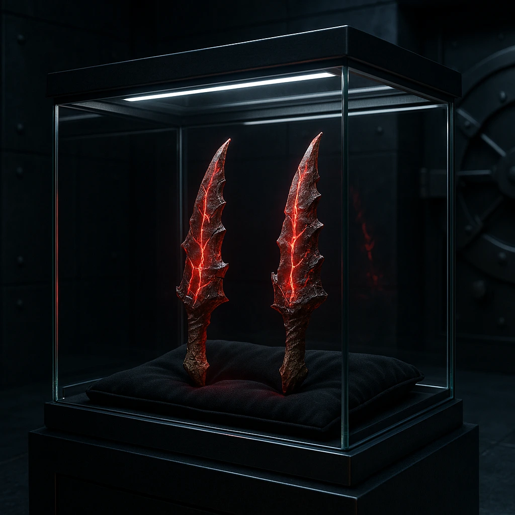 Thomas Andre's secure vault displaying Kamish's Wrath, forged from dragon teeth.