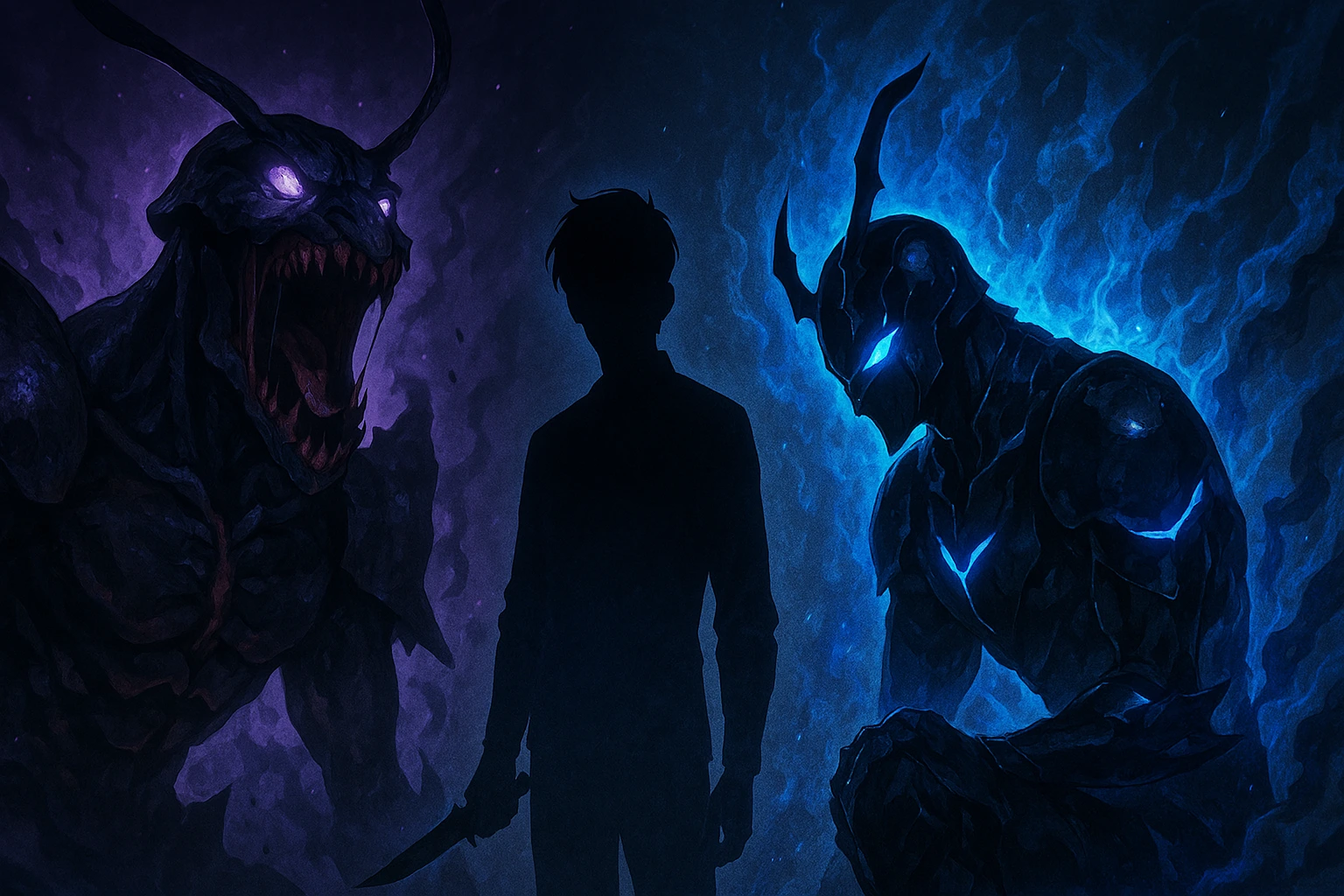 Ant King Beru kneeling before Sung Jin-woo with blue shadow energy.