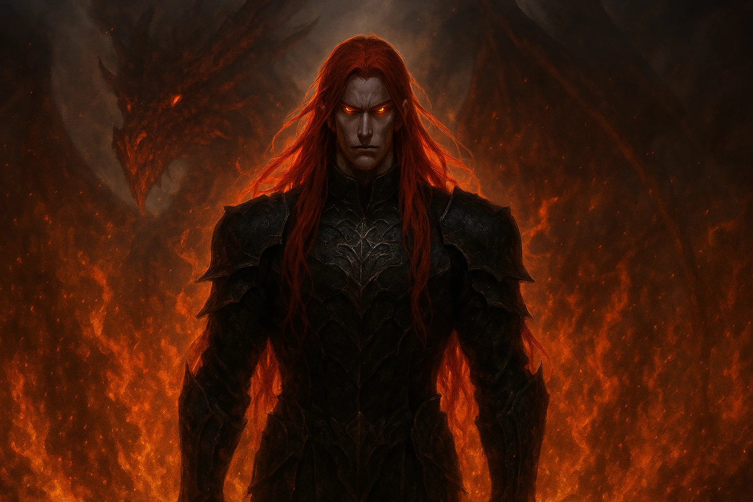 Antares the King of Dragons standing amidst flames in Solo Leveling style.