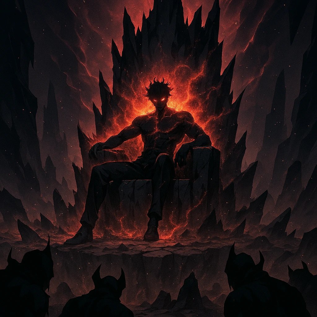 Antares sitting on a throne of destruction radiating power.