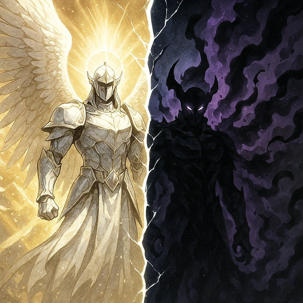 Ashborn transforming from the Brightest Fragment into the Shadow Monarch during the Primordial War.
