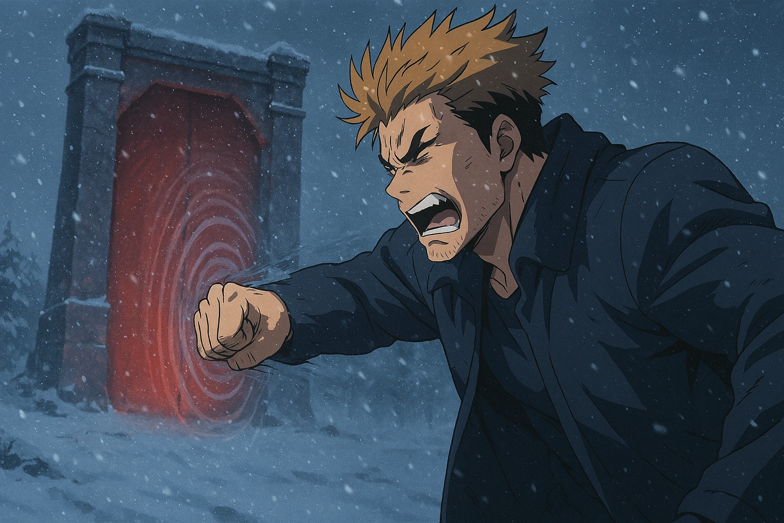 Baek Yoonho punching the invisible barrier of the Red Gate in frustration