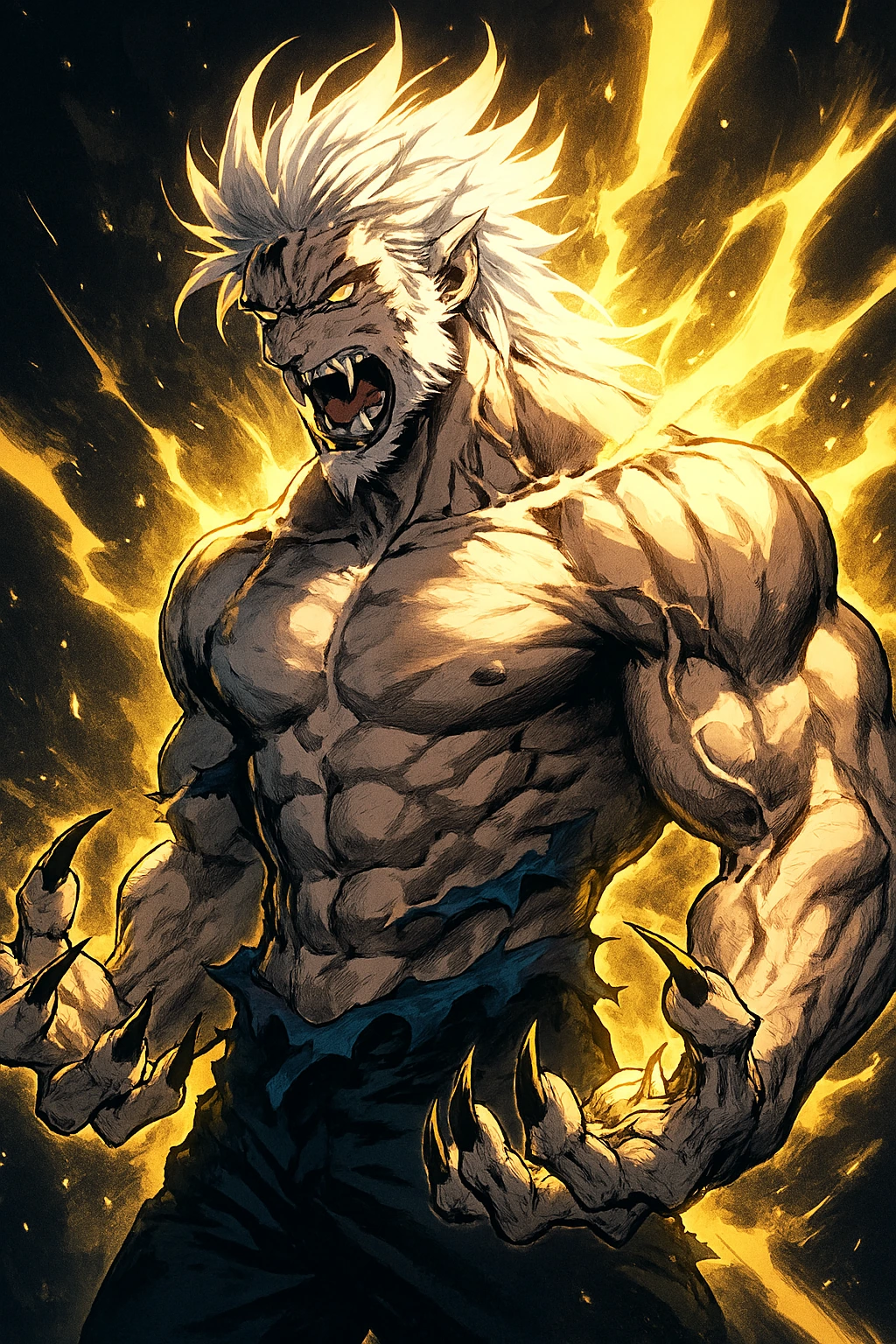Baek Yoonho transforming into his White Tiger beast form showing immense muscle density
