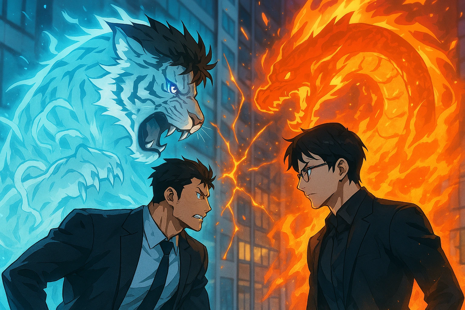 Baek Yoonho and Choi Jong-In facing off, representing the Tiger and the Fire Dragon