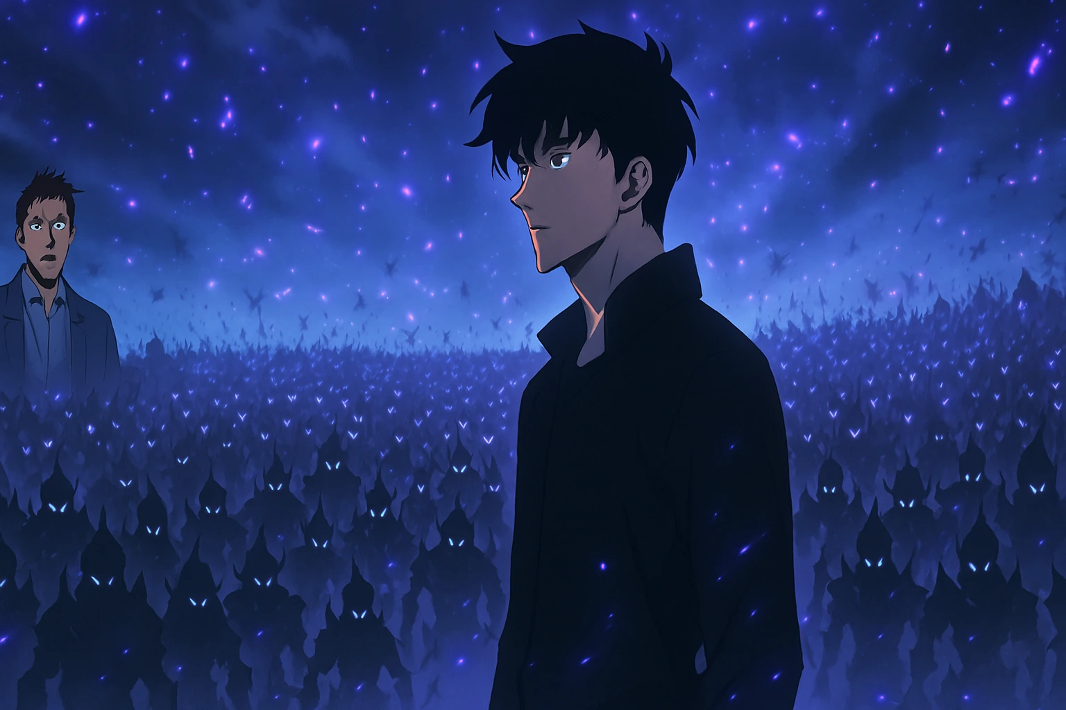 Baek Yoonho watching Sung Jinwoo command his Shadow Army with awe