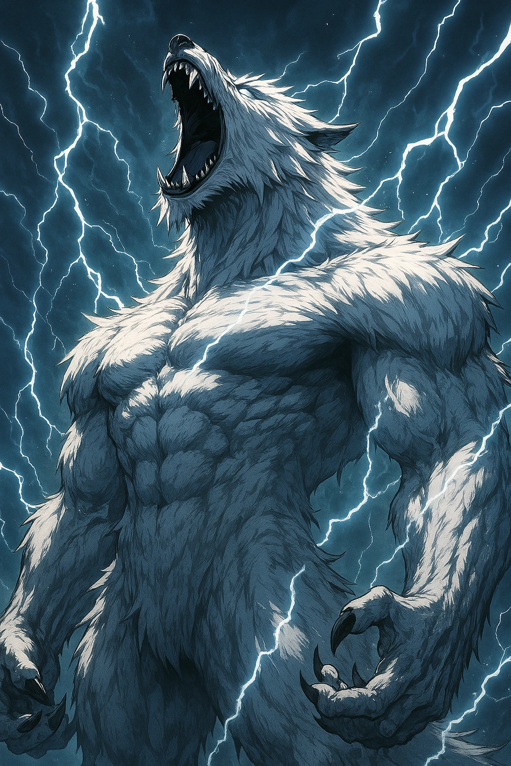 The true physical form of the Beast Monarch roaring with white lightning.