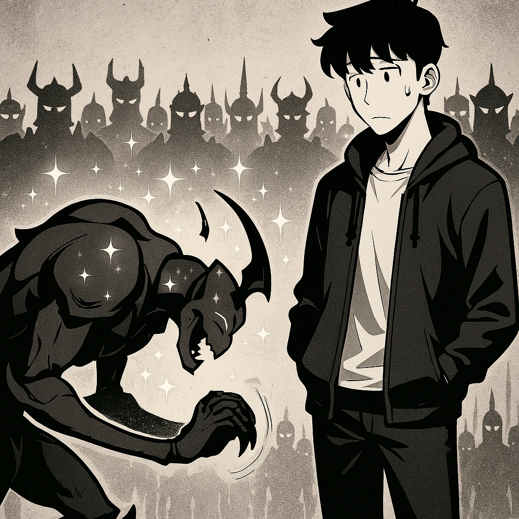 Ant King Beru bowing dramatically to Jin-woo with sparkles.