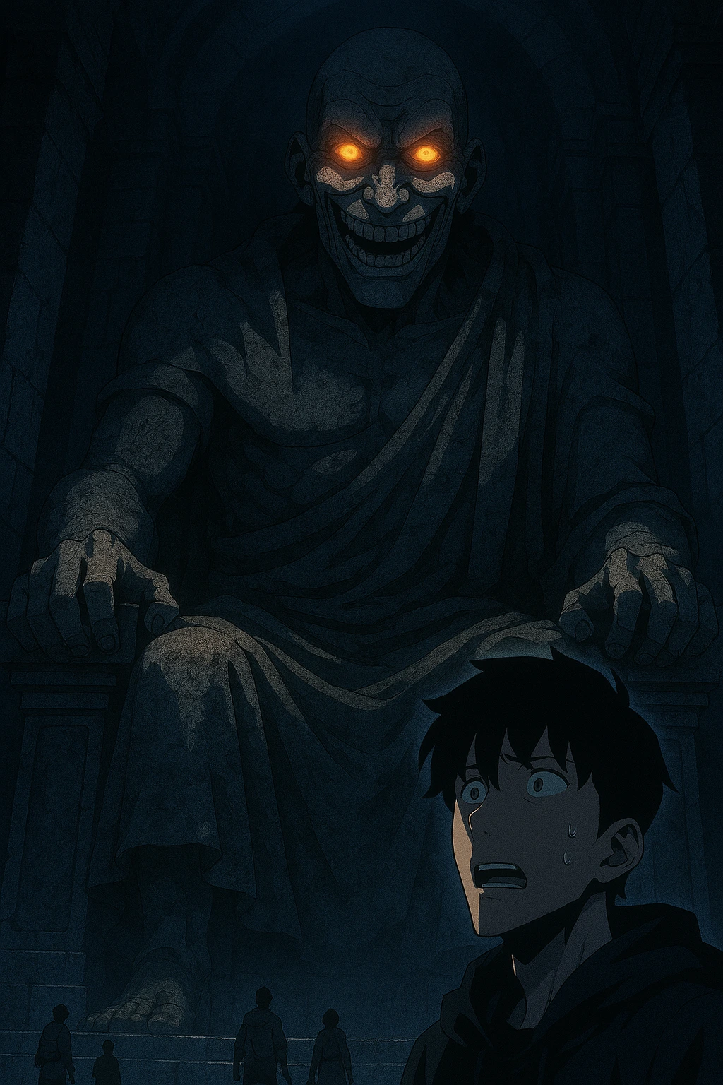 The terrifying God Statue smiling down at Sung Jin-woo in the Double Dungeon.