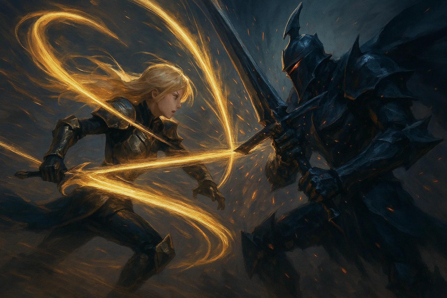 Cha Hae-In using her Sword of Light skill to fight Igris in a high-speed duel.