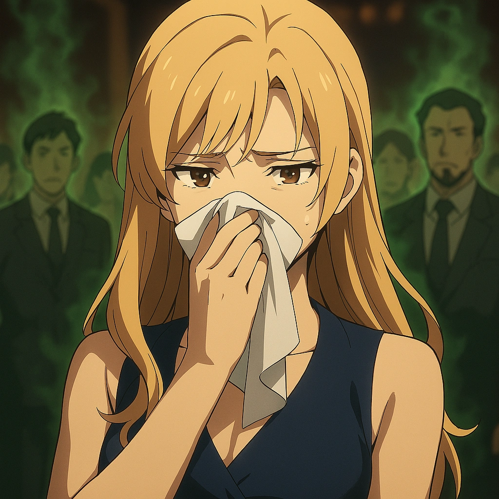 Hunter Cha Hae-In covering her nose with a handkerchief due to mana sensitivity.