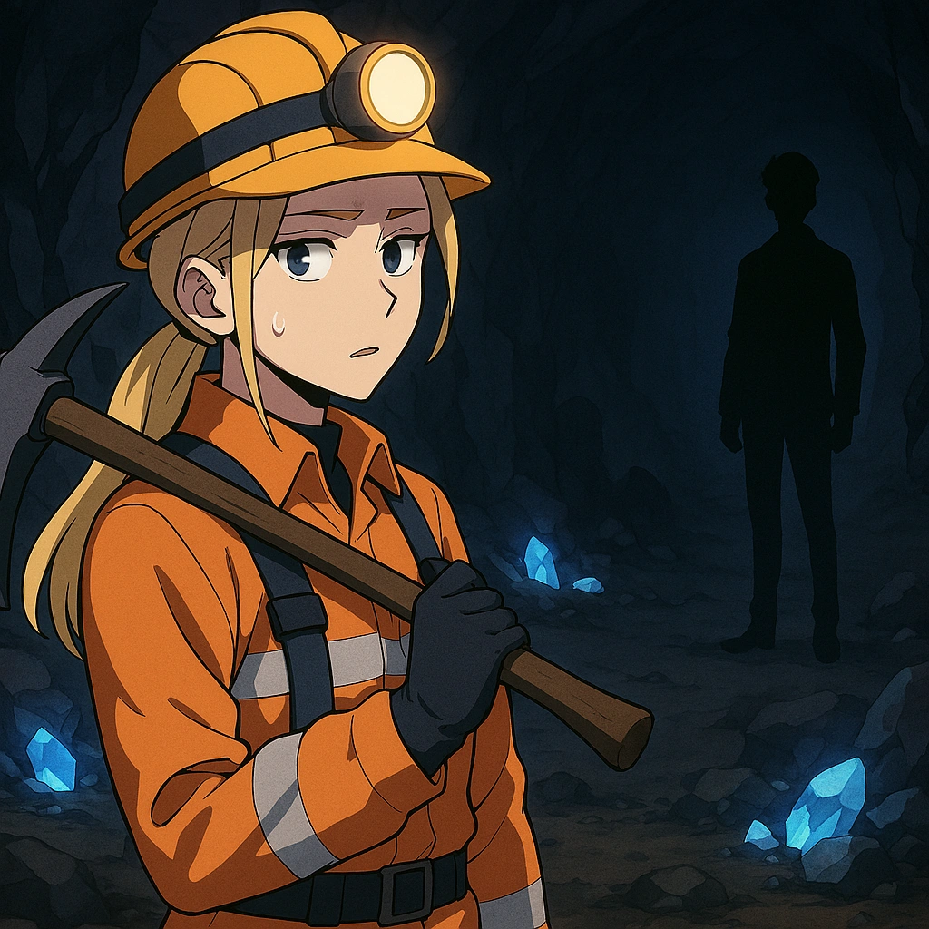 S-Rank Hunter Cha Hae-In wearing mining gear to observe Sung Jin-Woo in a dungeon.