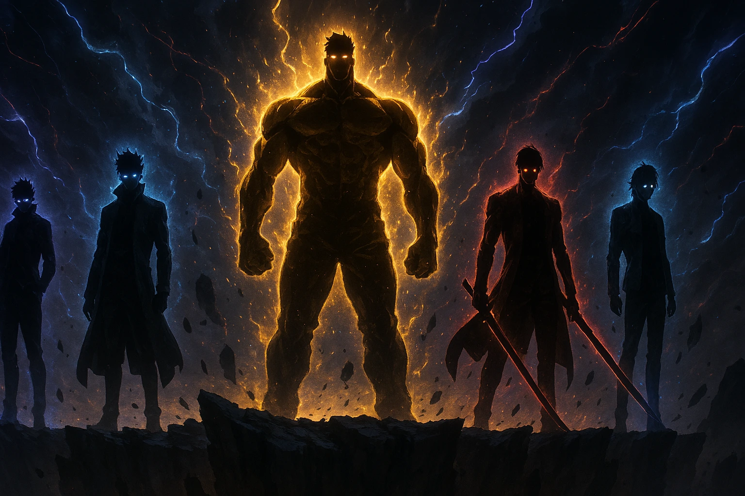 Five National Level Hunters standing together displaying their S-Rank power aura.