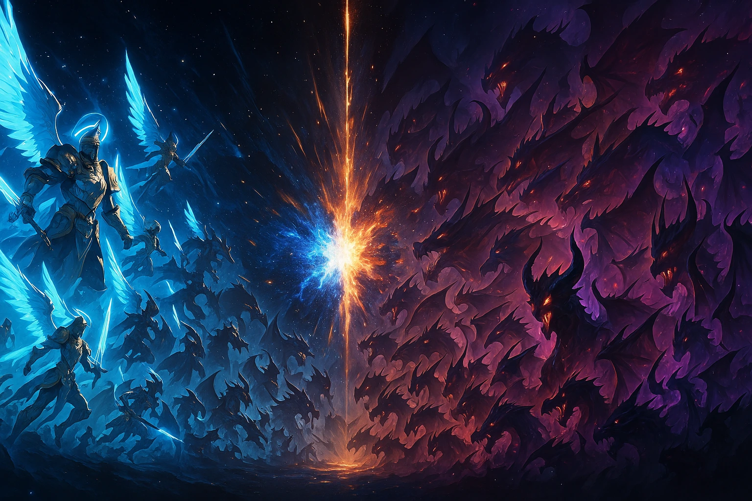 Illustration of the Primordial War showing the clash between Light Rulers and Dark Monarchs.