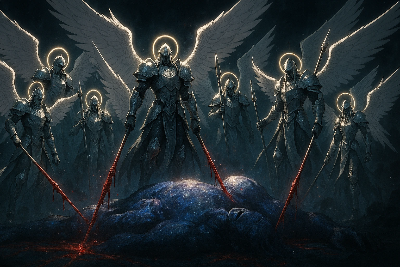 The majestic Rulers holding bloody spears revealing the Solo Leveling Darkest Truth.