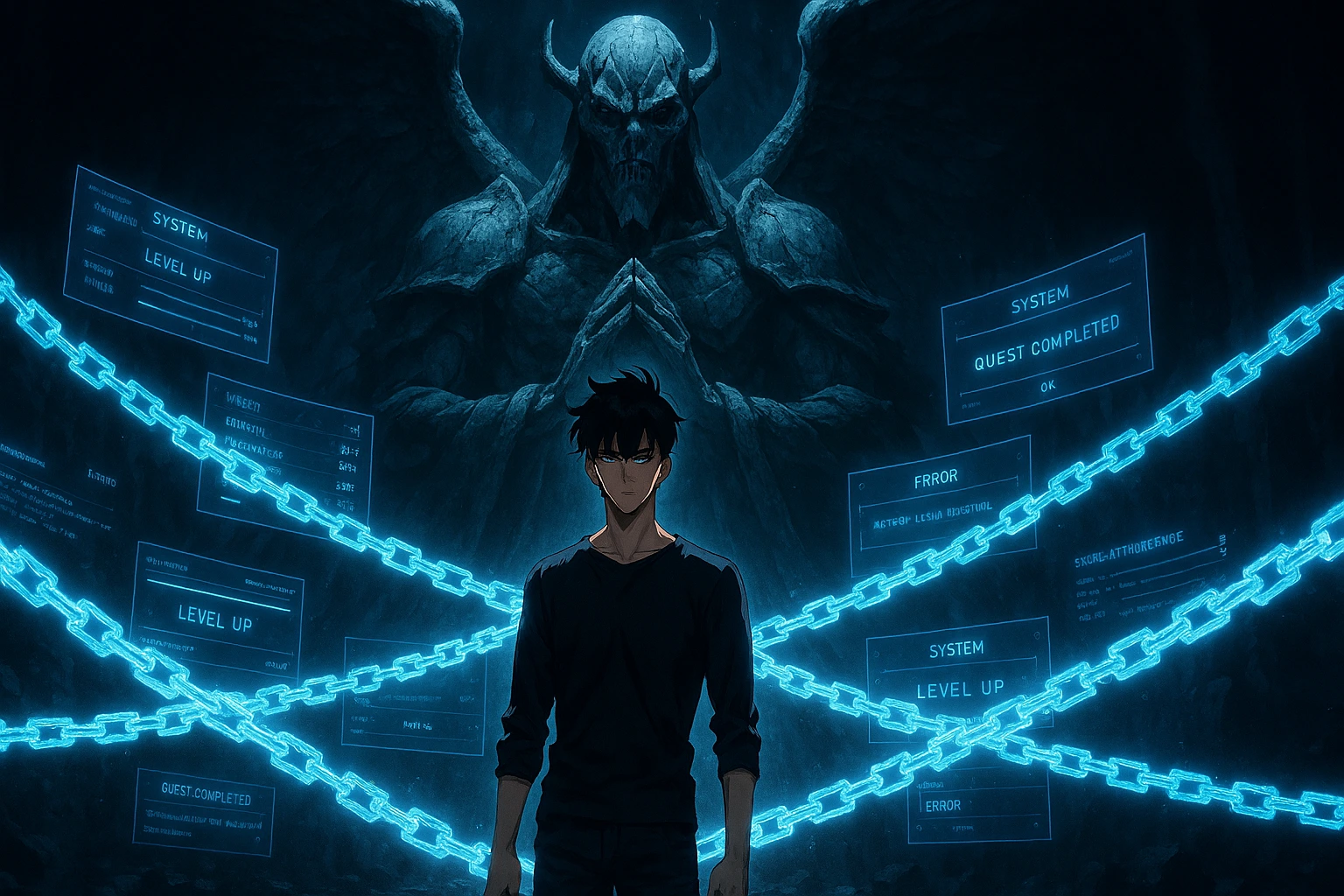 The System interface glowing behind Sung Jin-woo in a dark dungeon.