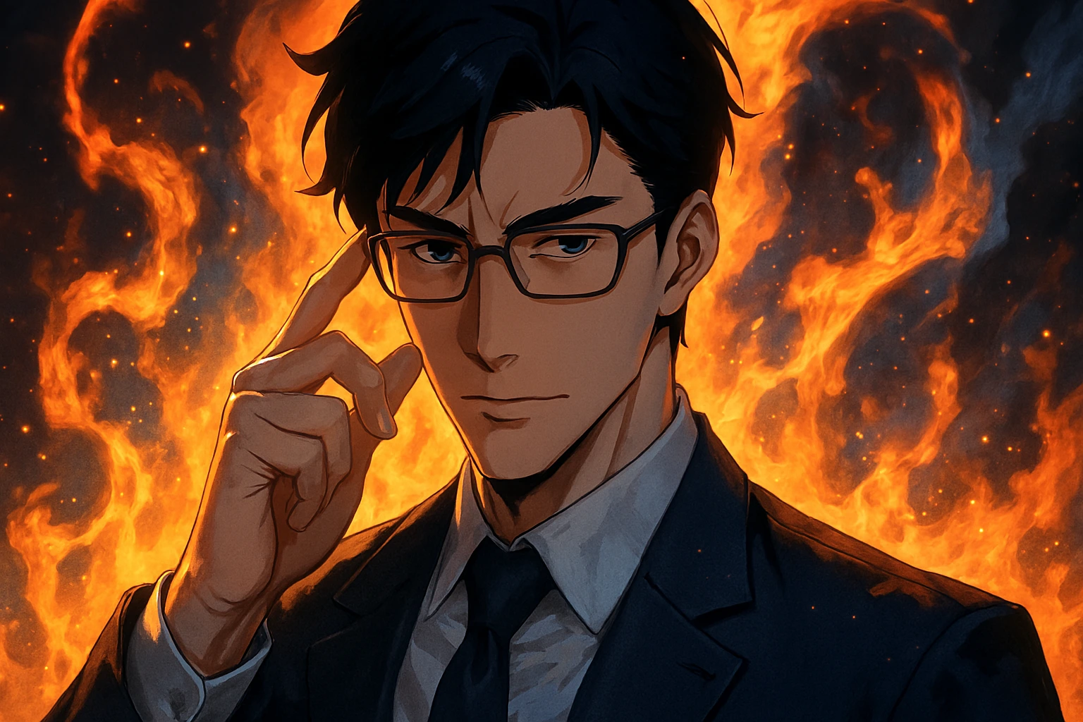 The Ultimate Soldier Choi Jong-In adjusting glasses with fire magic background