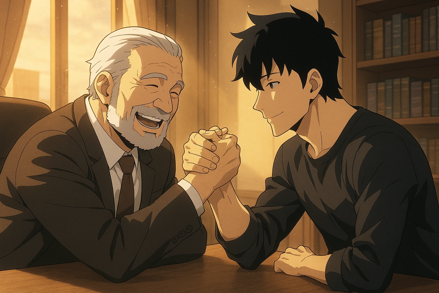 Go Gun-Hee arm wrestling with Sung Jin-Woo with a smile.