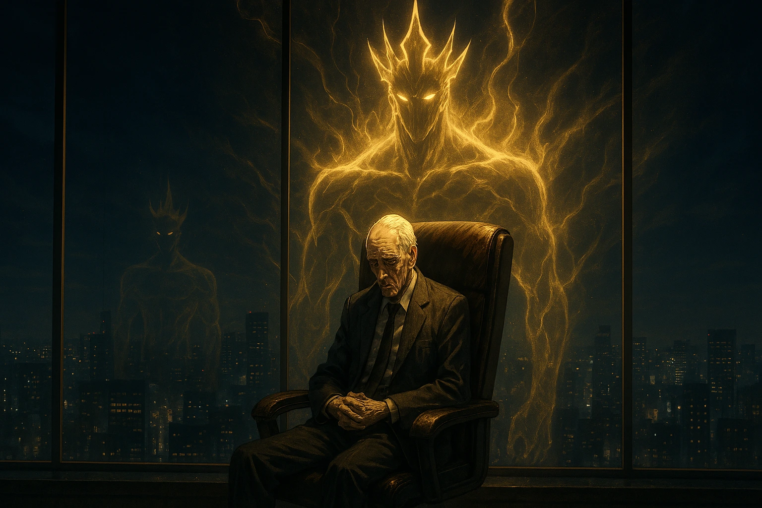 Go Gun-Hee sitting on his throne radiating golden aura in Solo Leveling.