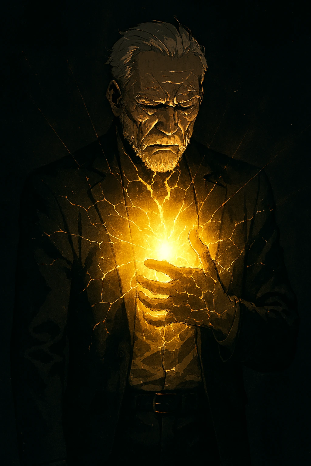Go Gun-Hee holding his chest as golden light cracks through his skin.