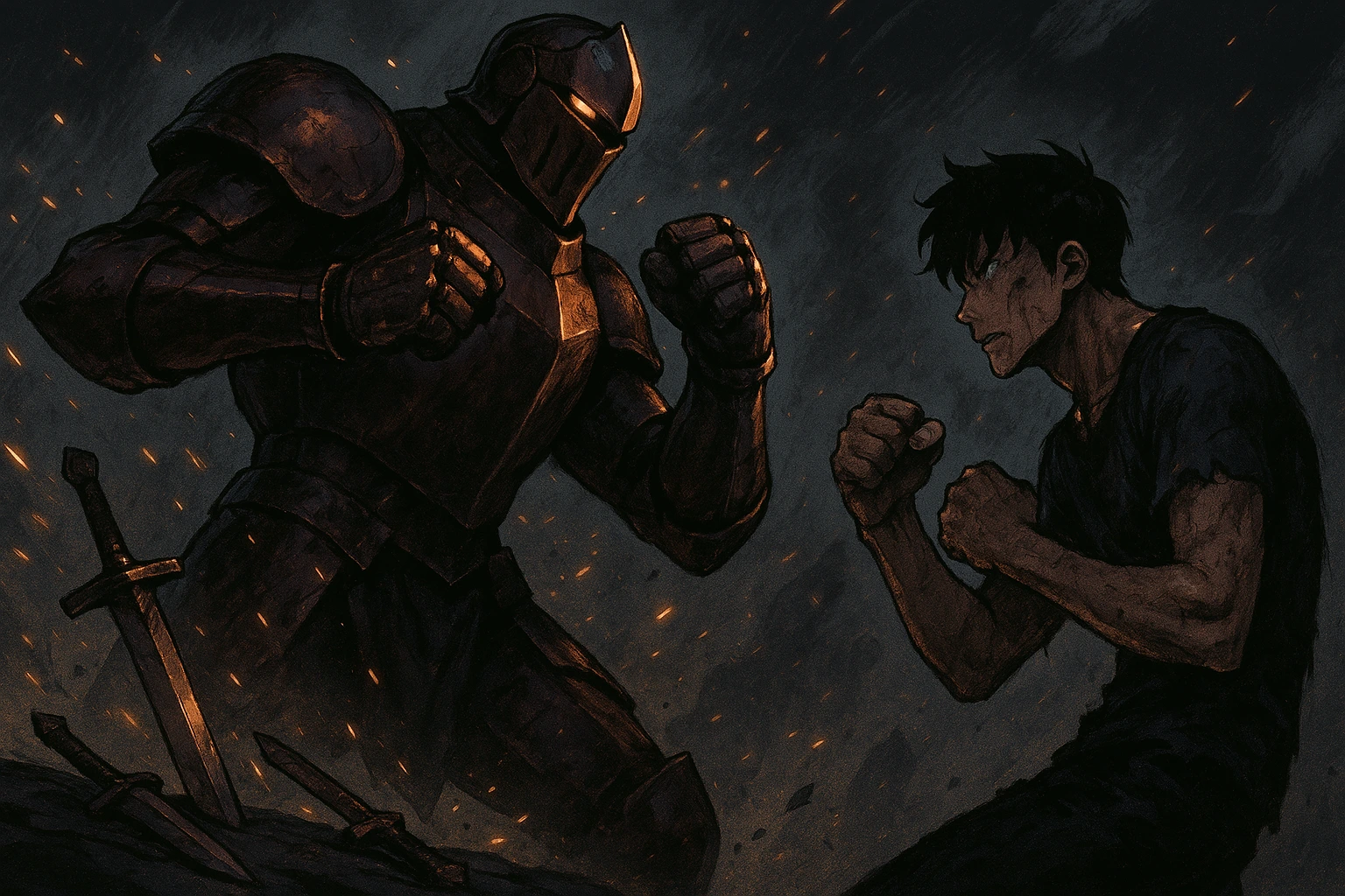 Igris dropping his weapons to fight Jin-woo, proving he is the Most Loyal Knight.