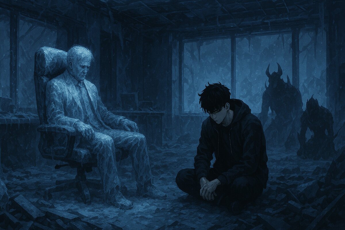 Sung Jin-Woo sitting silently beside the frozen body of Go Gun-Hee.