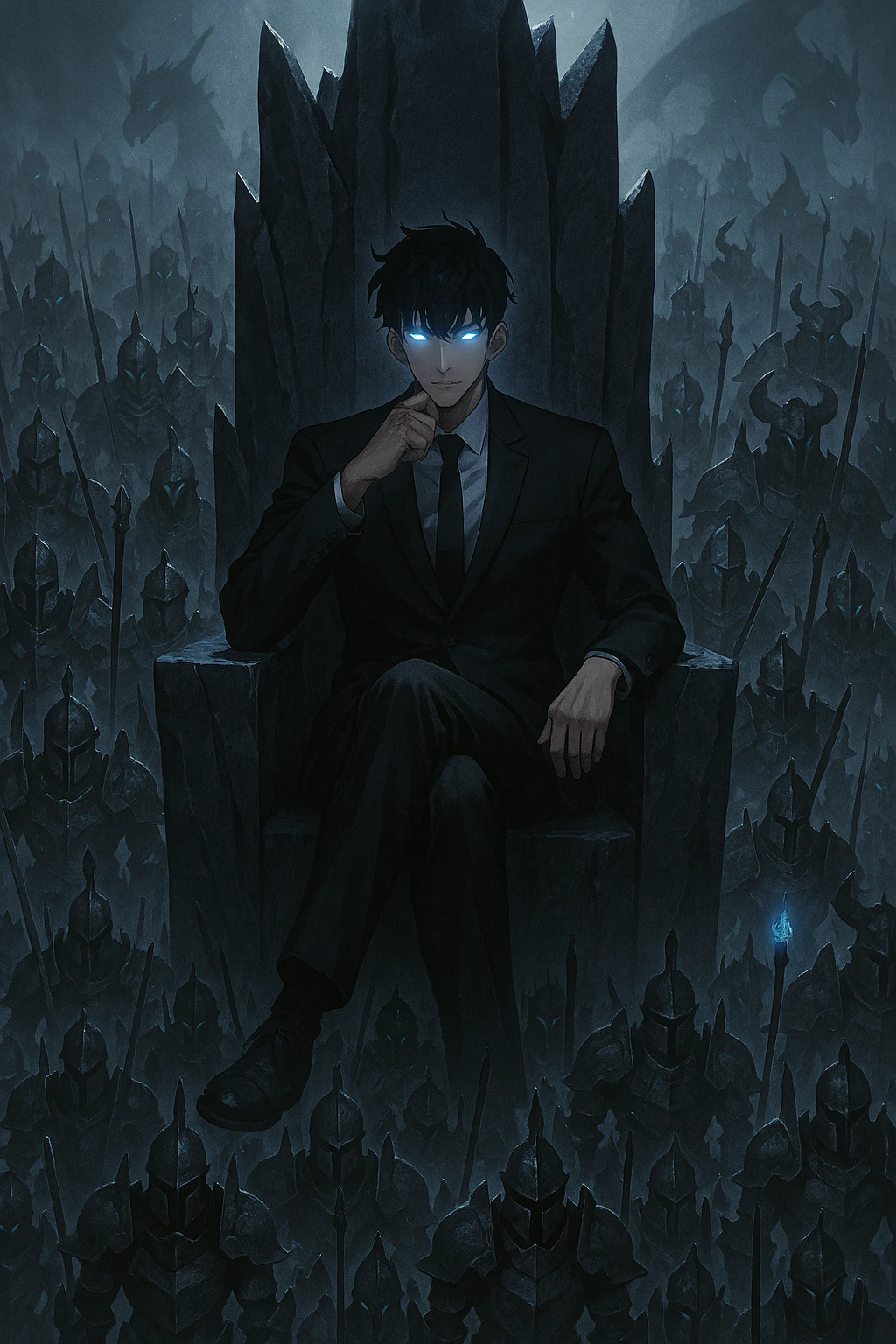 Sung Jin-Woo sitting on the throne ending the Primordial War.