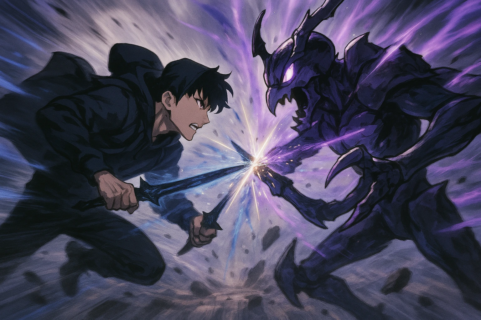 Sung Jin-woo fighting Ant King Beru in a high speed battle.