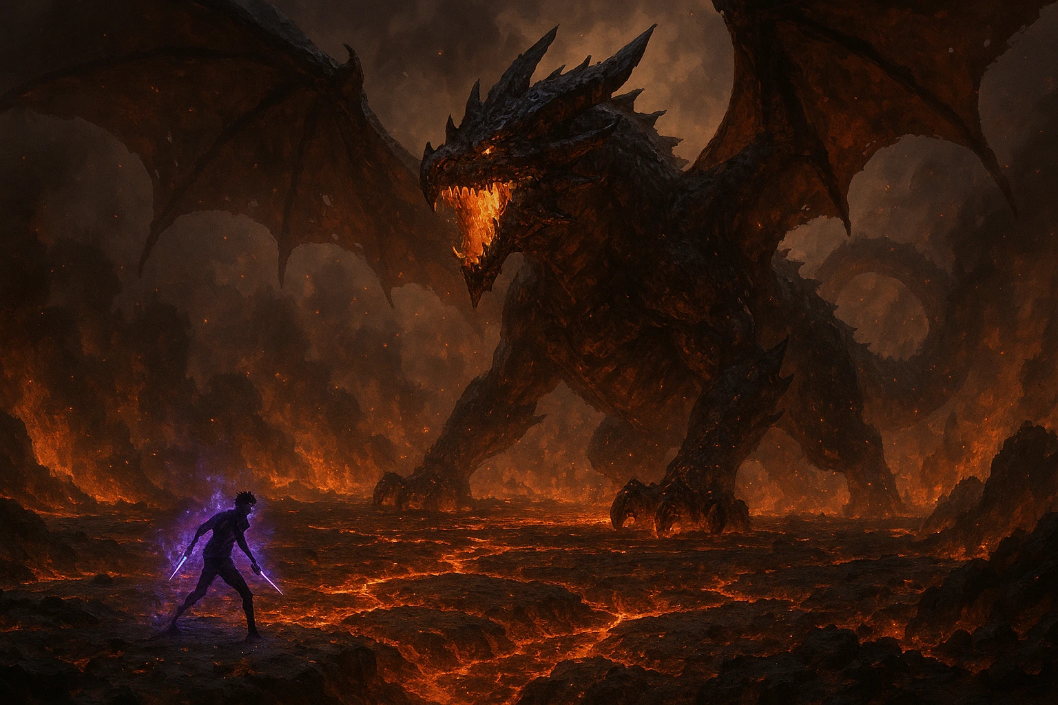 Sung Jin-Woo facing Antares on a burning island. 