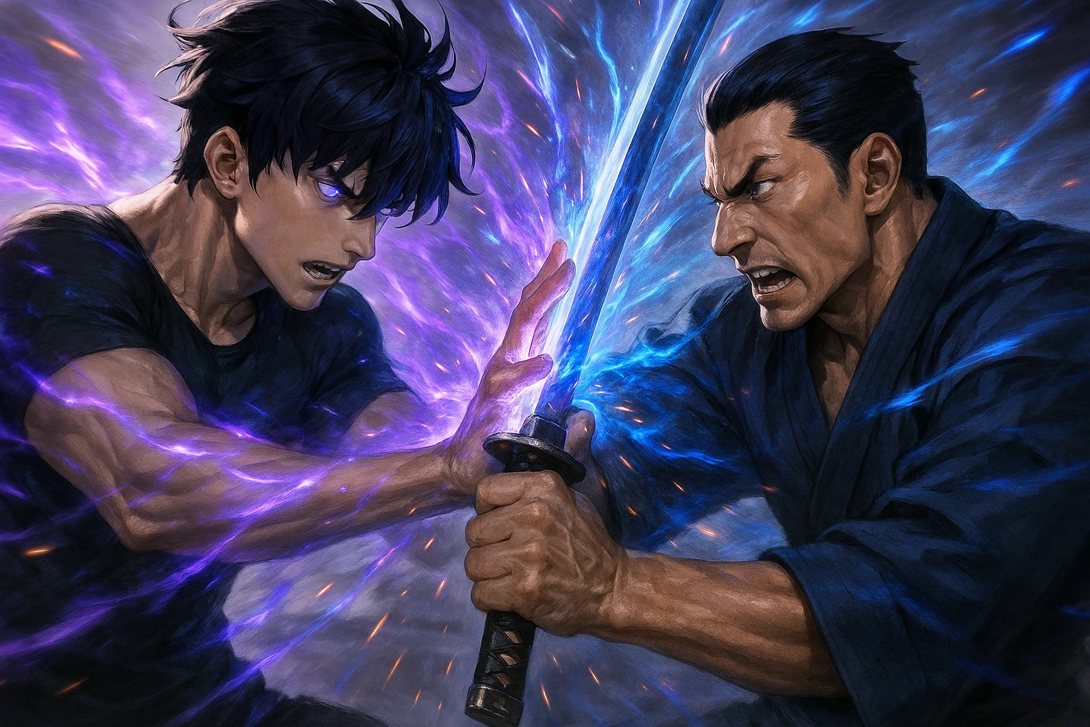 Sung Jin-woo blocking Goto Ryuji Draw Sword Guild leader's strike
