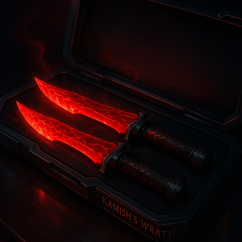 Two dragon-tooth daggers, Kamish's Wrath, gifted by the National Level hunter.