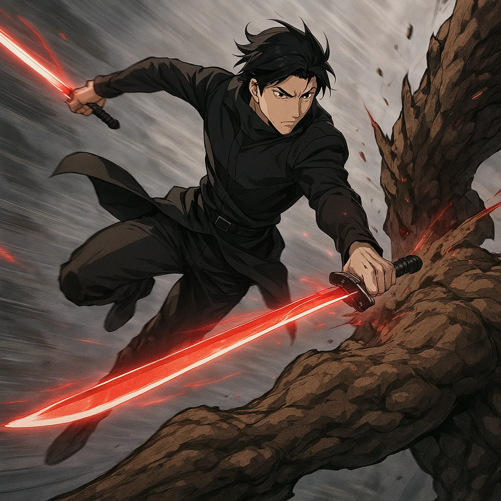 Liu Zhigang the National Level Hunter wielding dual swords with red energy.
