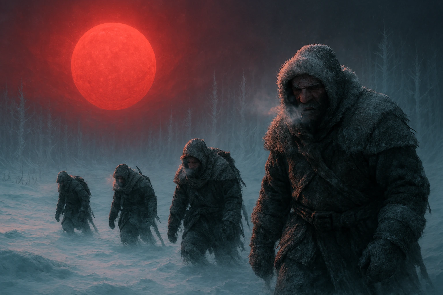 Hunters trapped inside a frozen Red Gate environment, illustrating the harsh Ecology of Chaos.