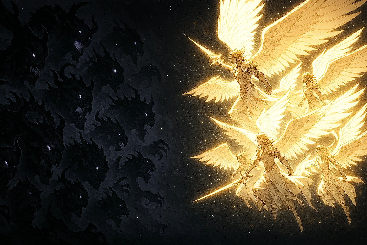 The contrast between holy angels and dark demons hiding the Solo Leveling Darkest Truth.