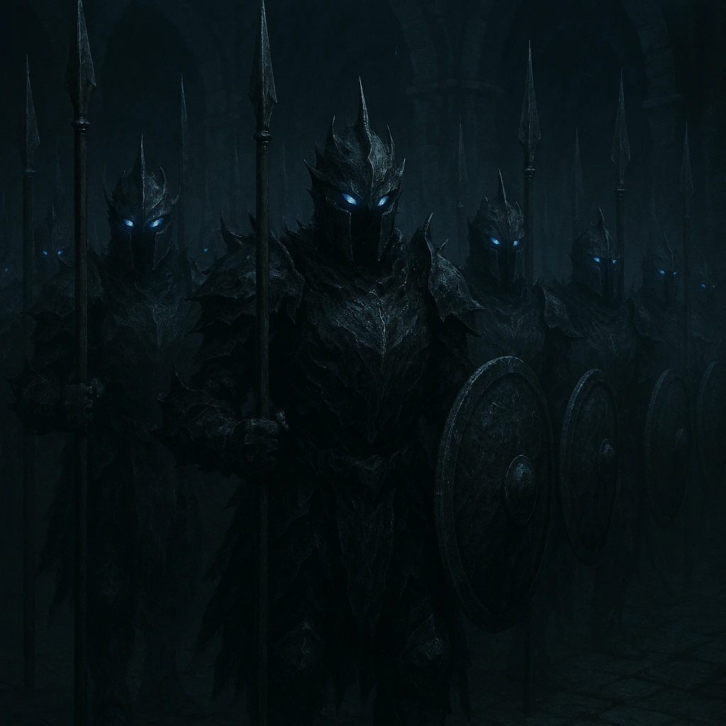 Standard infantry soldiers of the Shadow Legion marching in formation.