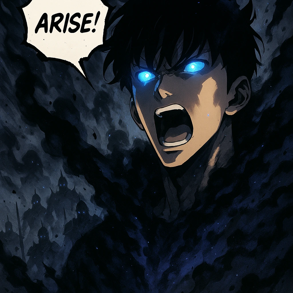 Sung Jin-woo using the Arise command to call forth the Shadow Legion.