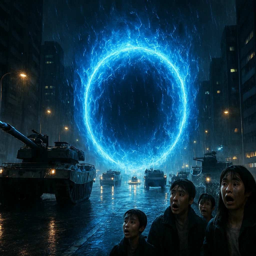 A massive blue Gate opening in Seoul representing the Ecology of Chaos.
