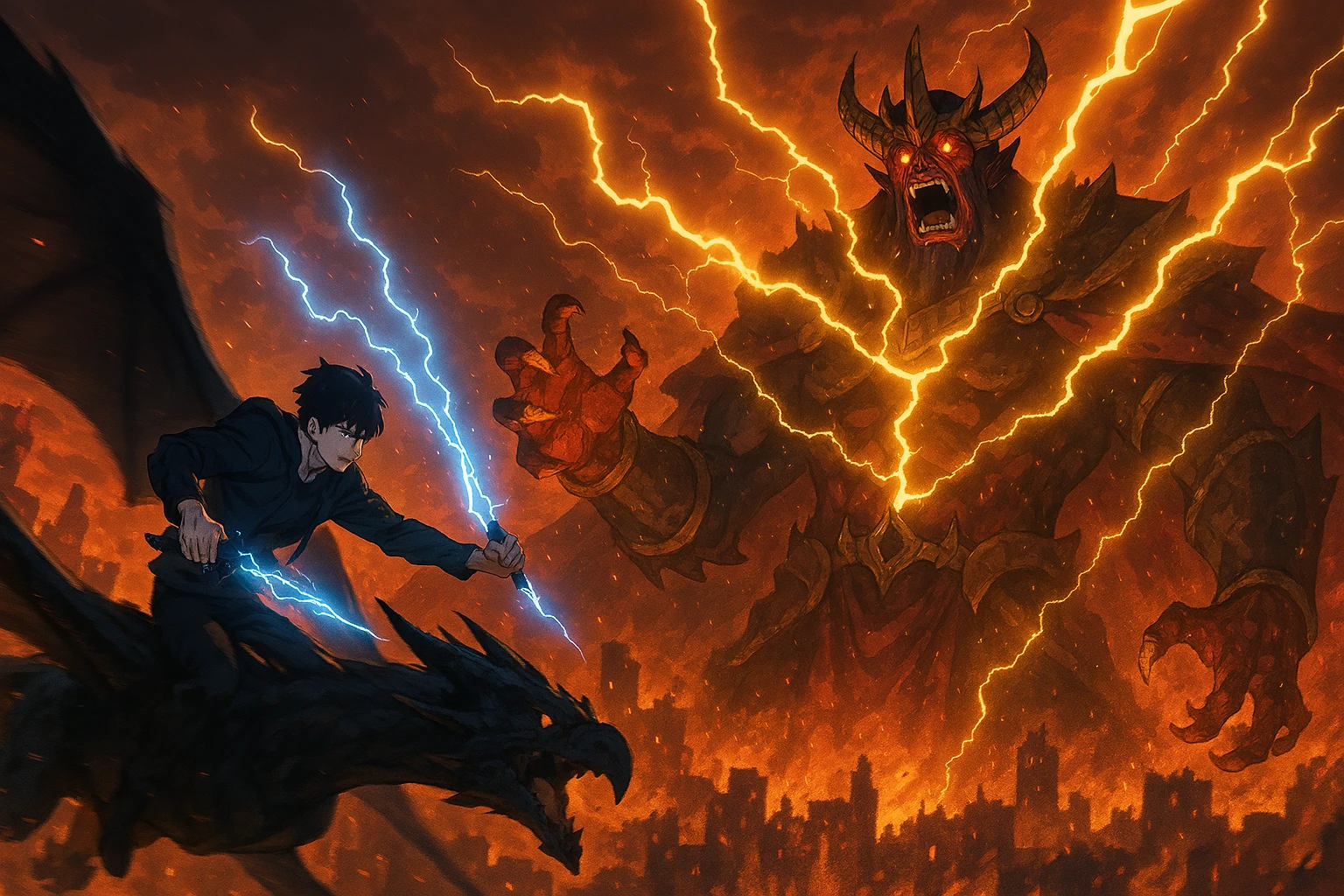 Sung Jin-woo fighting Demon King Baran on the back of Kaisel.
