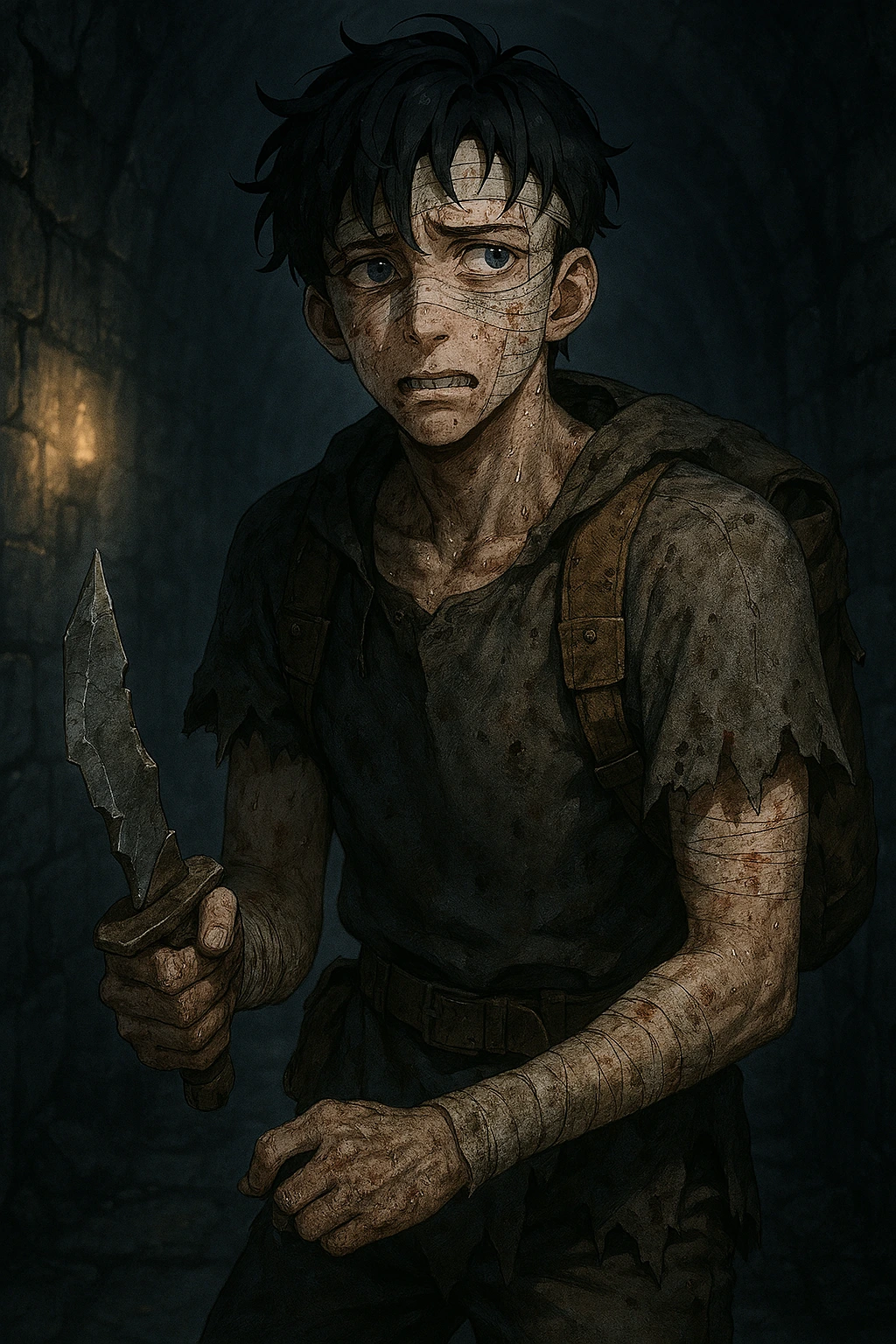 E-Rank Sung Jin-woo injured and bandaged holding a weak weapon.