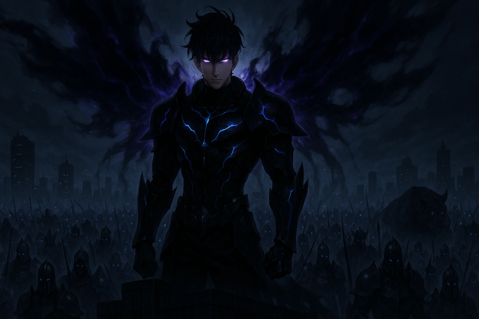 Sung Jin-woo as the Shadow Monarch commanding his army.